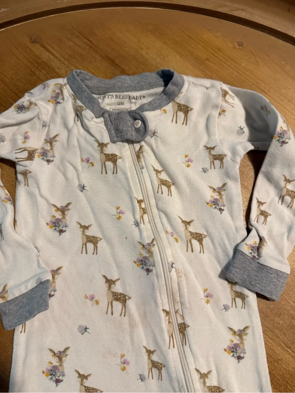 Soft Footed Baby One-Piece Pajama in White with Blue Trim – Deer Print